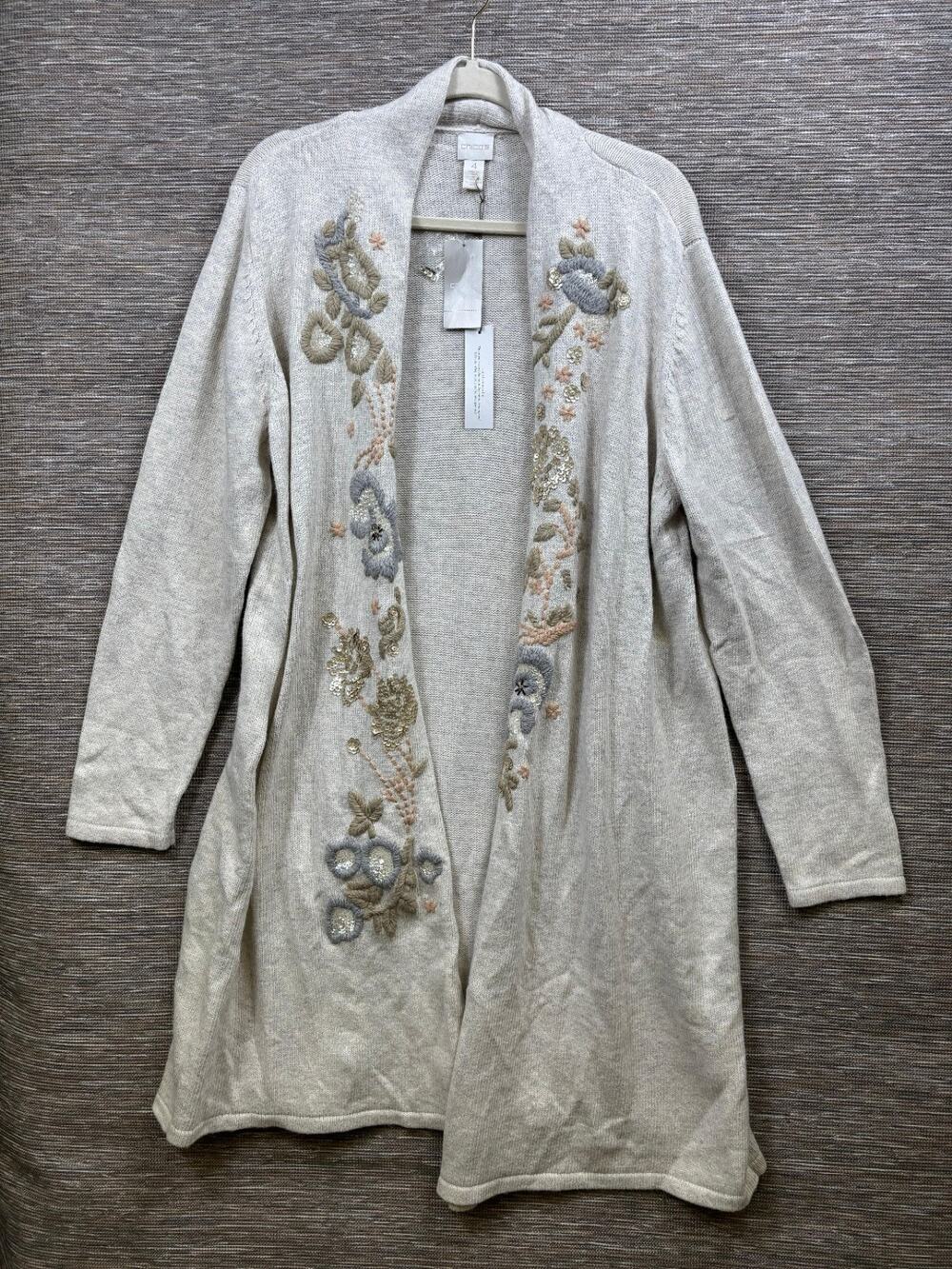 Chico's Knit Open Front Sweater Coat Womens Size 4 US XXL Ivory Embroidered NEW